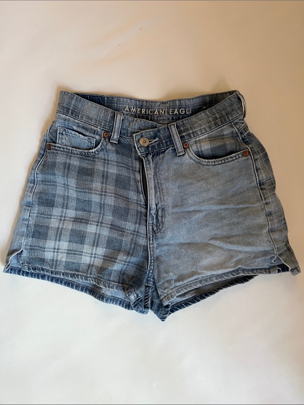 American Eagle Outfitters Light Blue Plaid Denim Shorts